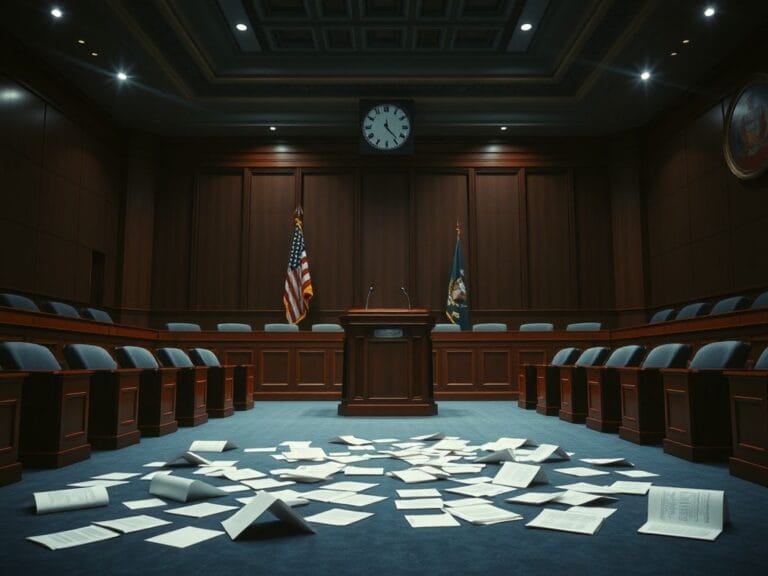 Flick International Empty legislative chamber with podium and American flag