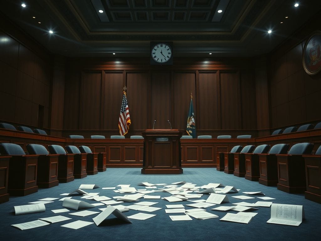 Flick International Empty legislative chamber with podium and American flag