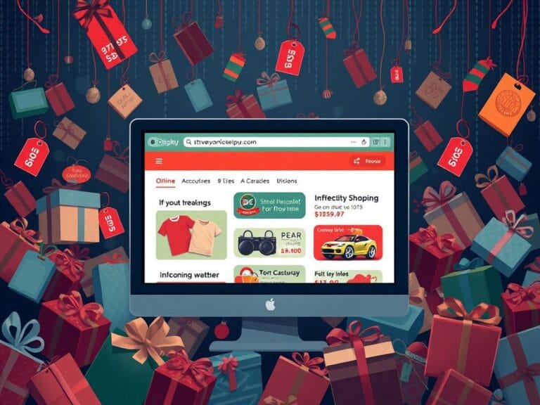 Flick International Chaotic online shopping scene with discounted holiday products and suspicious websites