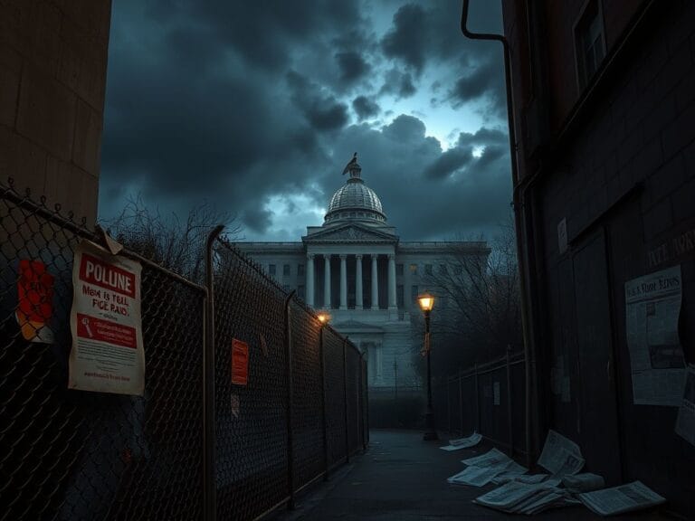 Flick International Dimly lit urban alley showcasing graffiti and posters related to dissent and protest with government building in background