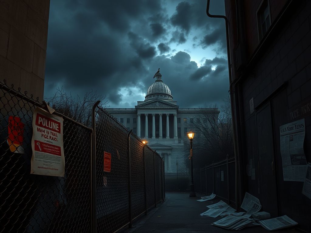 Flick International Dimly lit urban alley showcasing graffiti and posters related to dissent and protest with government building in background