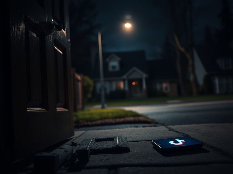 Flick International Close-up of a vandalized front door with kick marks at night