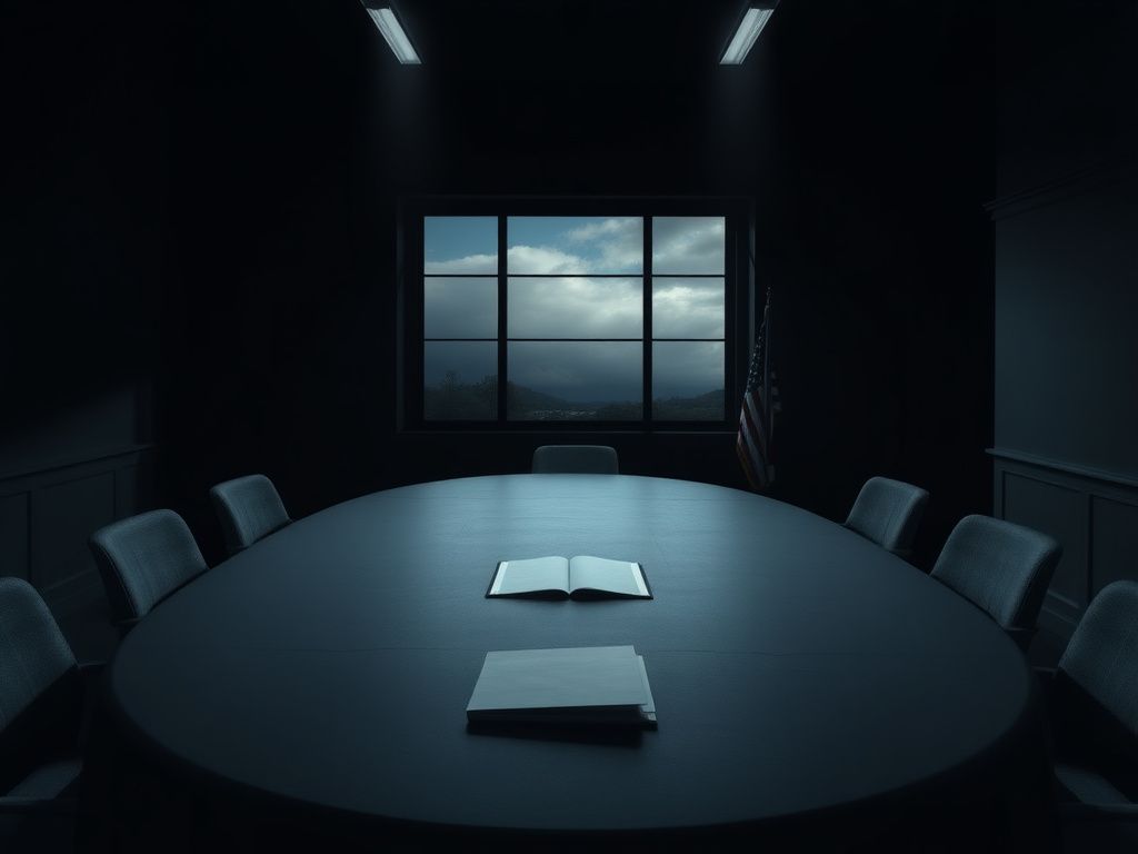 Flick International Empty oval-shaped table in a dimly lit room symbolizing a significant meeting that never took place