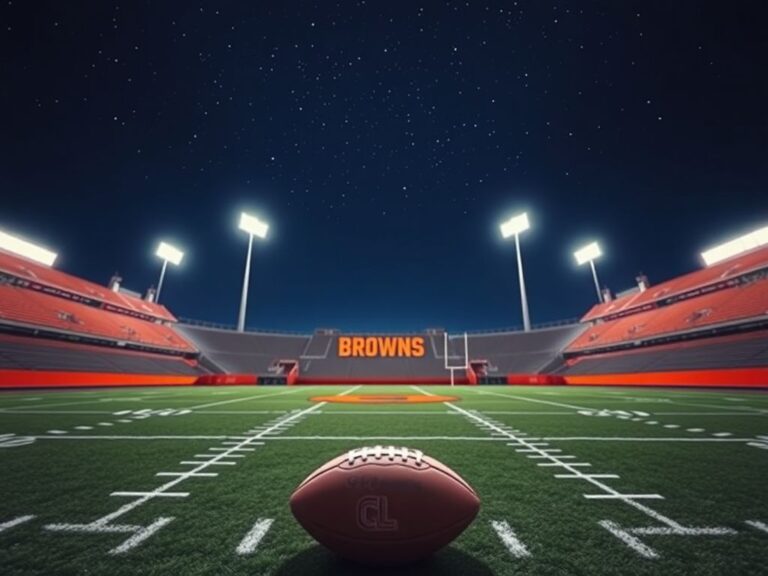 Flick International Dramatic overhead shot of an empty football field with Cleveland Browns logo under stadium lights