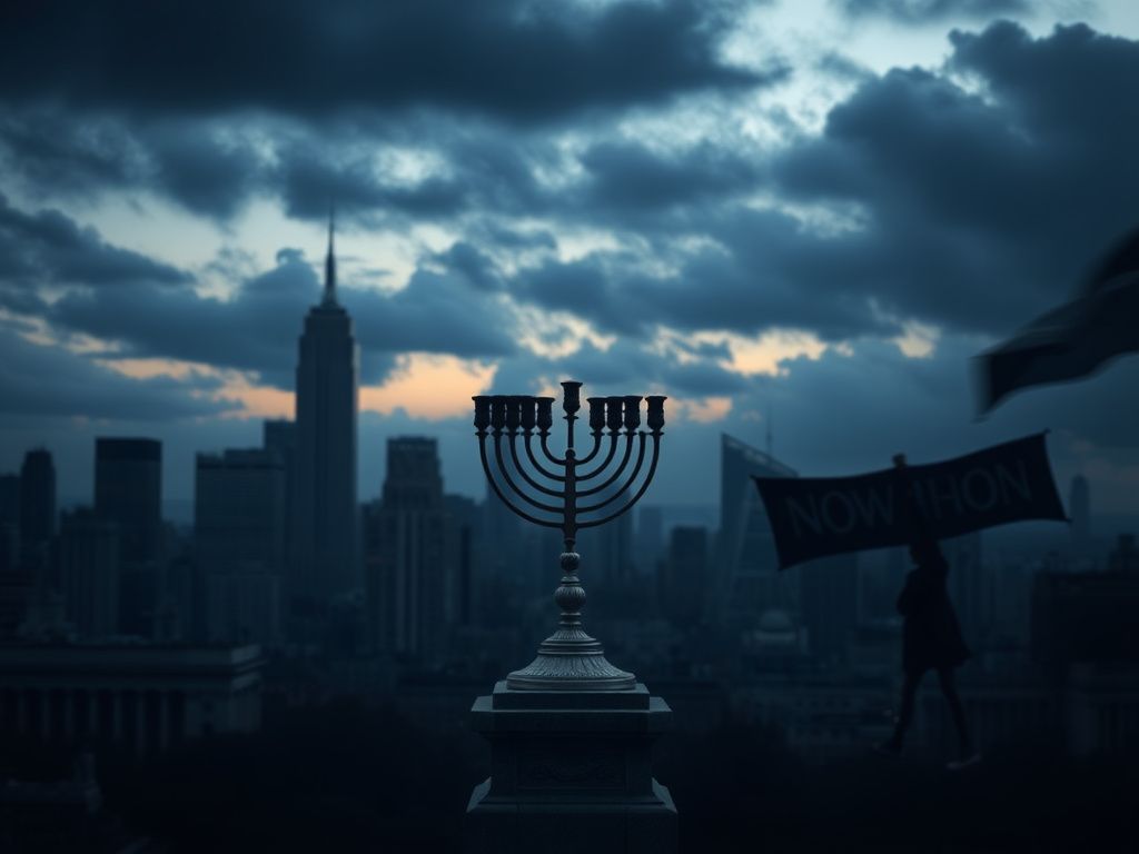 Flick International A somber cityscape of New York City at dusk with a menorah symbolizing hope.