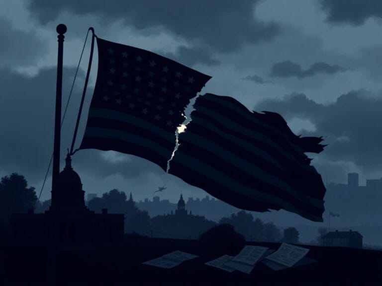 Flick International Illustration depicting a darkened American flag symbolizing the erosion of democracy, with shadowy silhouettes of government buildings and covert operations.