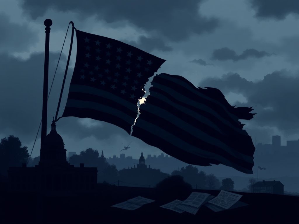Flick International Illustration depicting a darkened American flag symbolizing the erosion of democracy, with shadowy silhouettes of government buildings and covert operations.