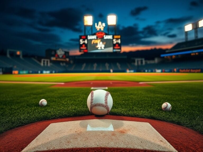Flick International A dramatic twilight scene of a baseball diamond illustrating the Dodgers' Game 7 victory