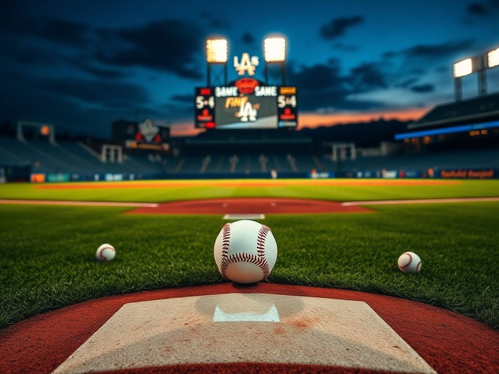 Flick International A dramatic twilight scene of a baseball diamond illustrating the Dodgers' Game 7 victory