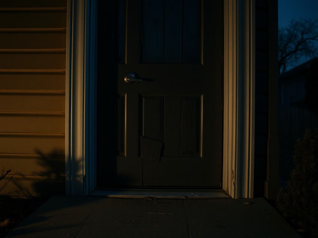 Flick International Close-up of a damaged residential front door showing splintered wood and visible cracks.