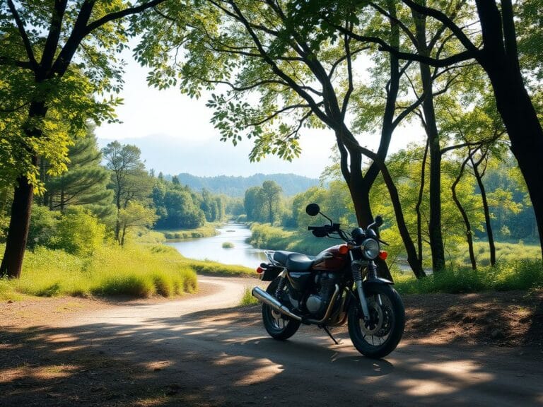 Flick International A lonely motorcycle parked under trees in a tranquil forest setting
