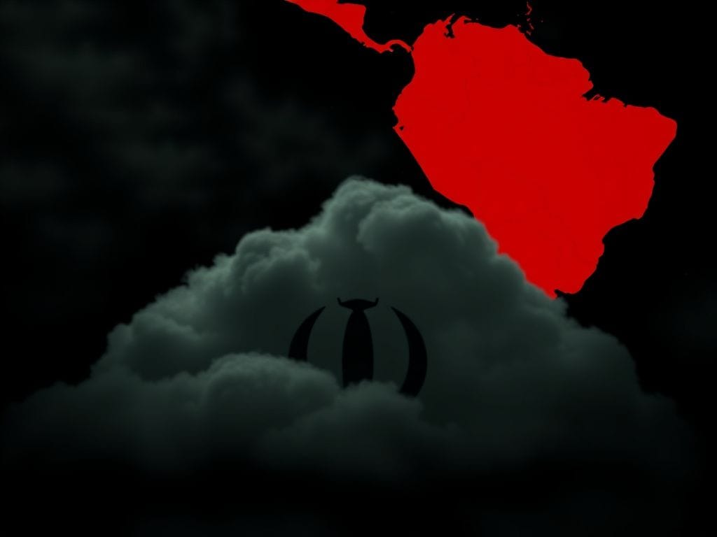 Flick International A shadowy map of Latin America focusing on Venezuela with dark storm clouds symbolizing tension and conflict