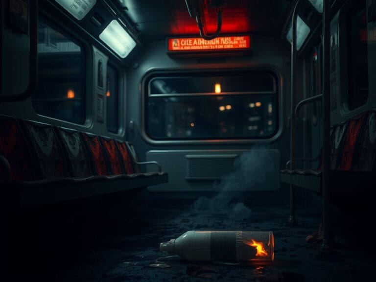 Flick International Dimly lit interior of a Chicago subway train showing burn marks and empty seats after a fire attack
