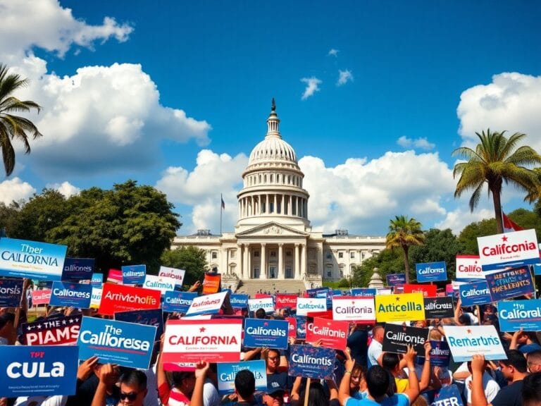 Flick International Colorful campaign signs and banners at the California state capitol building