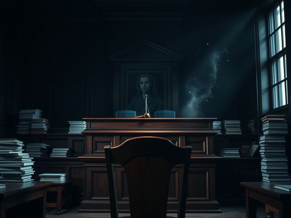 Flick International A dimly lit courtroom featuring a judge's bench with stacks of legal documents and an empty chair