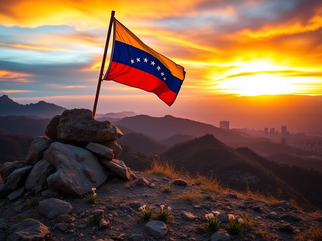 Flick International Dramatic landscape of Venezuela's Andes mountains at sunset with a weathered Venezuelan flag
