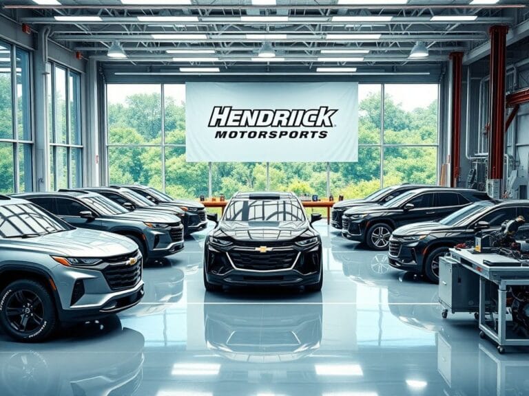 Flick International Interior of a modern automotive facility showcasing modified Chevrolet SUVs with bright lighting