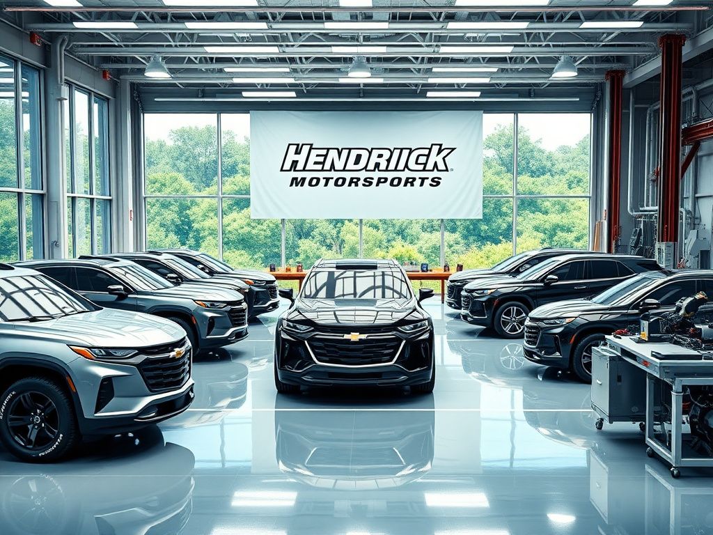 Flick International Interior of a modern automotive facility showcasing modified Chevrolet SUVs with bright lighting