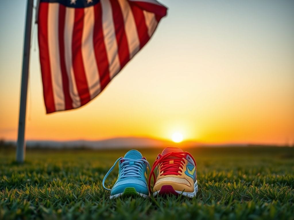 Flick International Rugged American flag waving at sunrise with colorful athletic shoes on grassy field