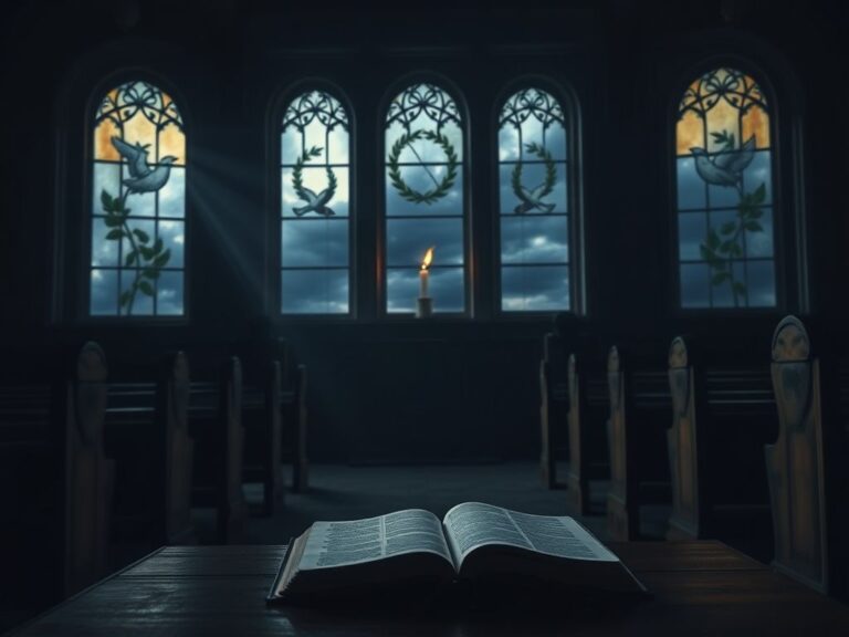 Flick International Empty church interior with wooden pews and flickering candle