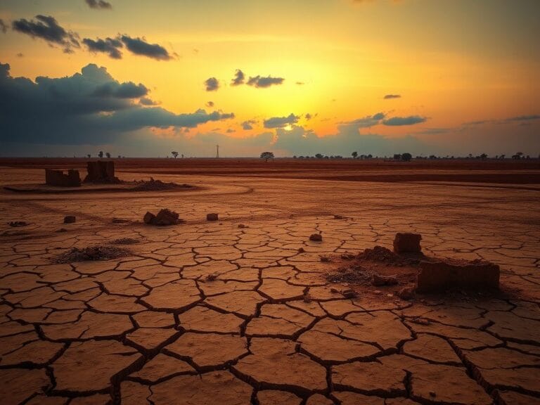 Flick International A desolate Sudanese landscape at dusk with cracked earth and abandoned structures representing the humanitarian crisis.