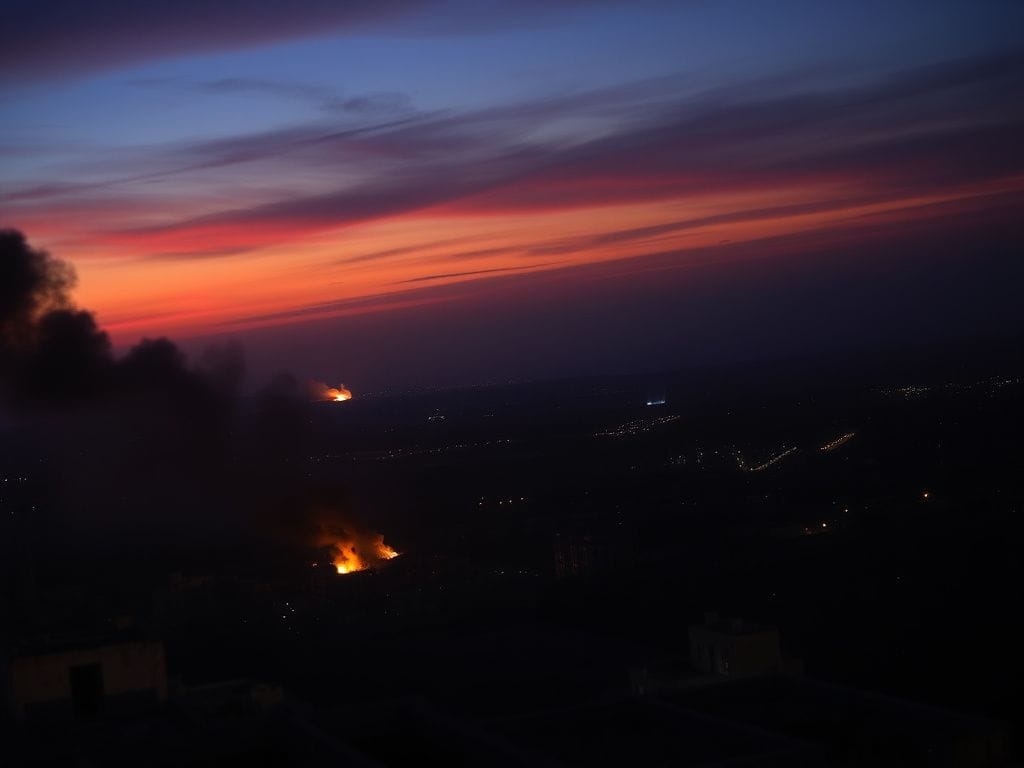 Flick International Aerial view of Gaza Strip at twilight showing city landscape amidst explosions