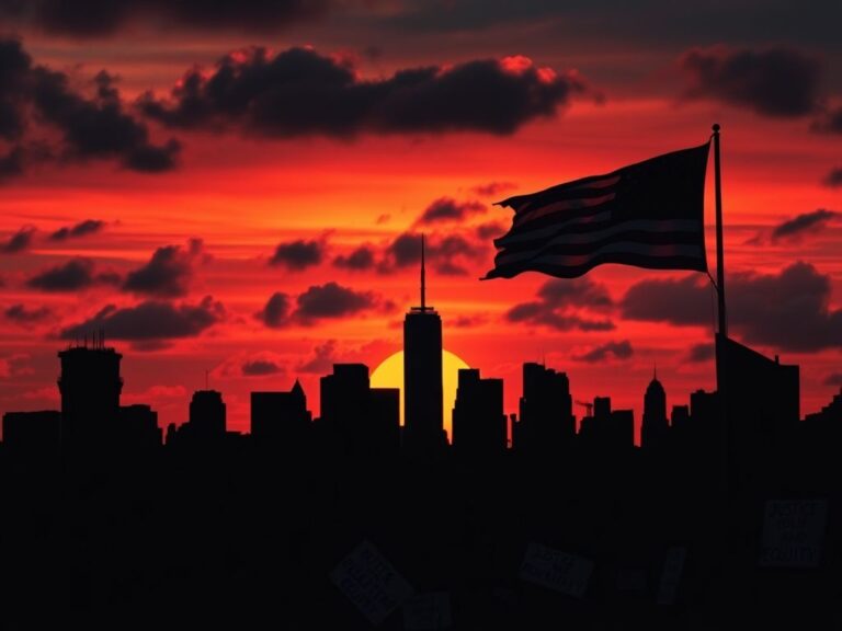 Flick International Abstract representation of New York City skyline at sunset with broken building symbolizing past terror attacks
