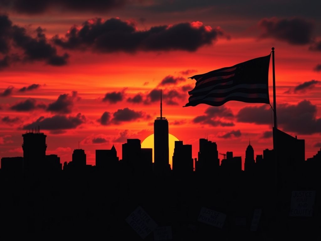 Flick International Abstract representation of New York City skyline at sunset with broken building symbolizing past terror attacks