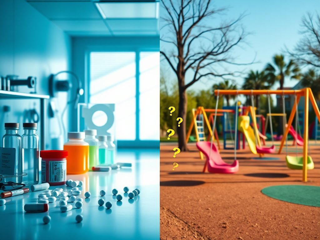 Flick International Split-scene image contrasting a sterile healthcare environment with a vibrant playground symbolizing youth gender care debate