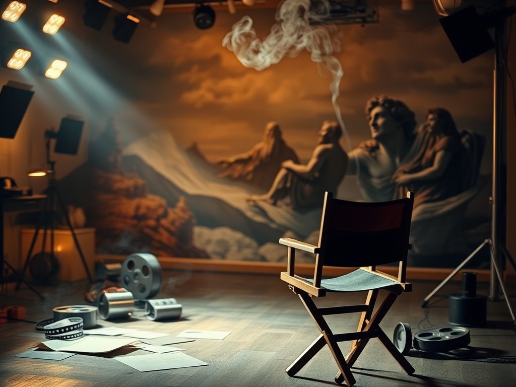 Flick International Vintage movie set with empty director's chair and scattered film scripts, capturing the essence of classic Hollywood.