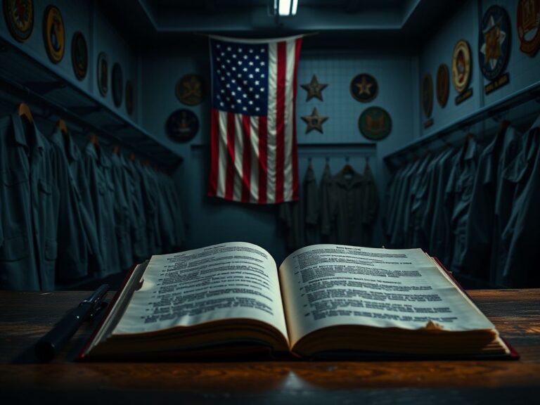 Flick International empty military barracks with neatly arranged uniforms and a tattered American flag