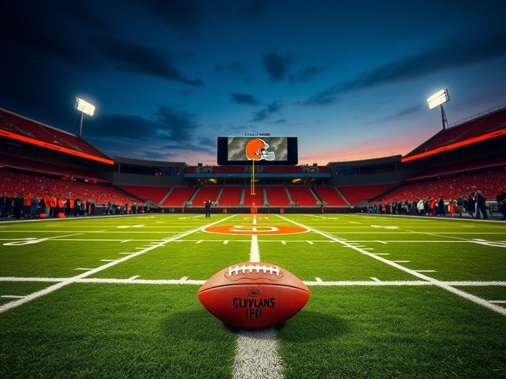 Flick International A football stadium scene before a game with the Cleveland Browns logo in the end zone