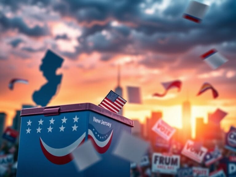 Flick International Close-up of a brightly colored ballot box with patriotic symbols against a city skyline