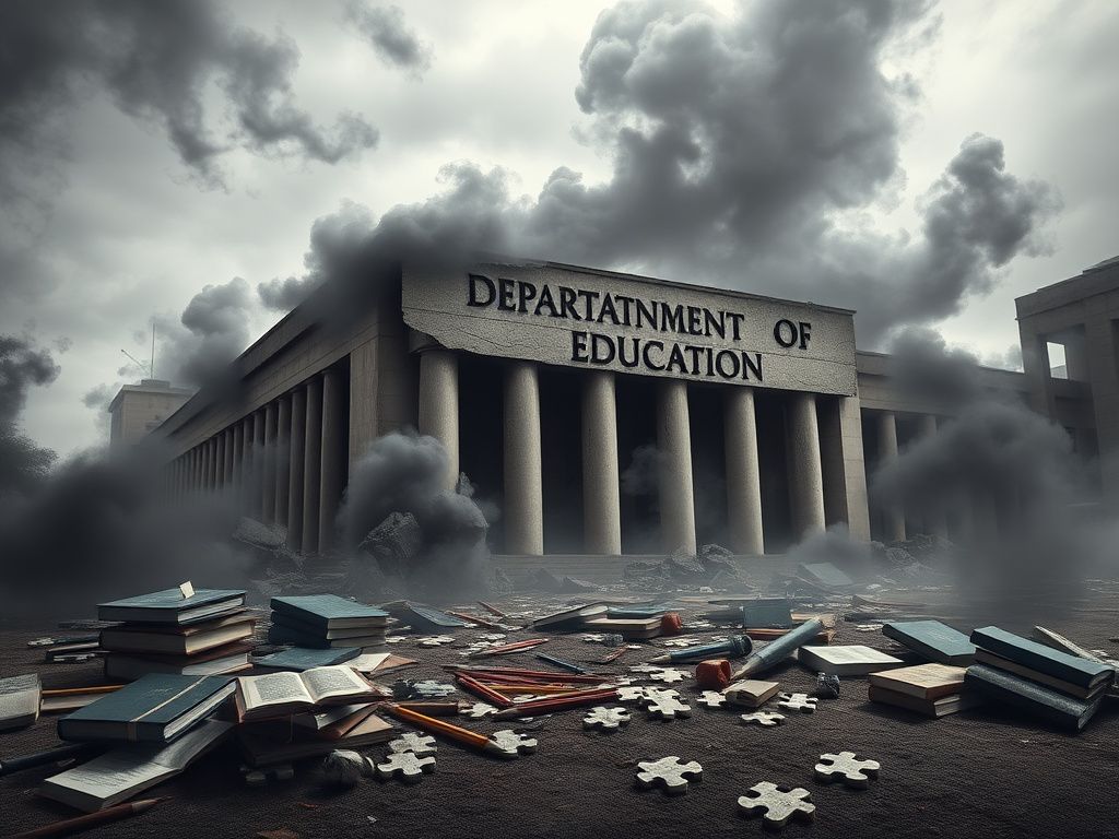 Flick International Abstract representation of the Department of Education being dismantled with a crumbling building and swirling dark smoke