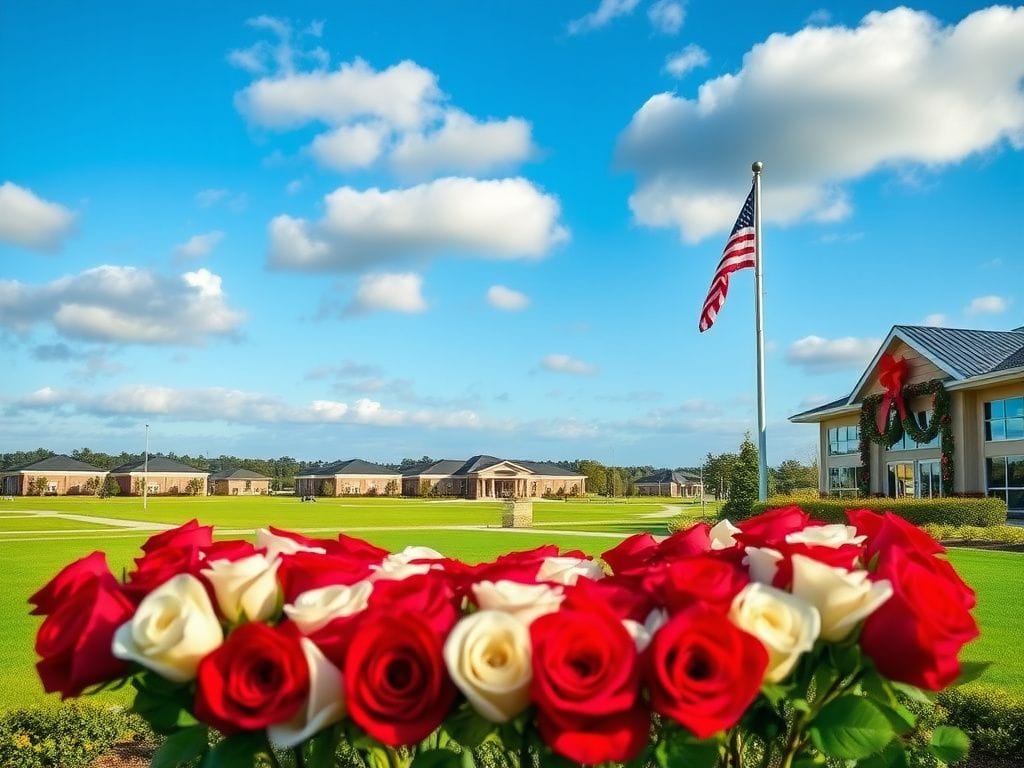 Flick International View of Camp Lejeune with military buildings and vibrant red and white roses symbolizing appreciation for military families