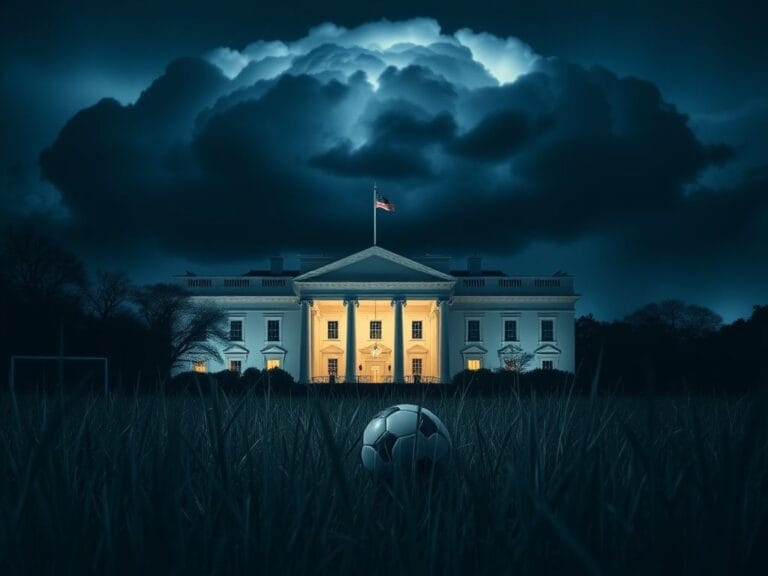 Flick International Dramatic view of the White House at night with a soccer ball in the foreground, symbolizing the controversy surrounding Cristiano Ronaldo.
