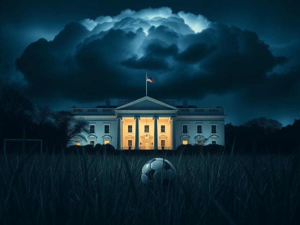 Flick International Dramatic view of the White House at night with a soccer ball in the foreground, symbolizing the controversy surrounding Cristiano Ronaldo.
