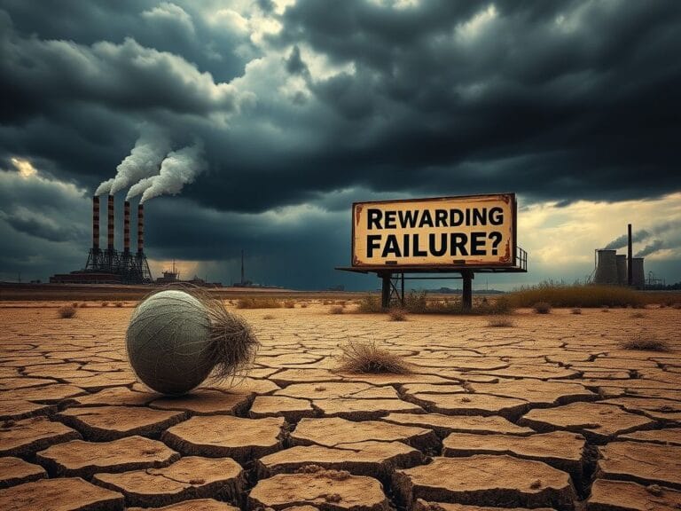 Flick International A cracked earth landscape with industrial structures emitting smoke, symbolizing climate struggle