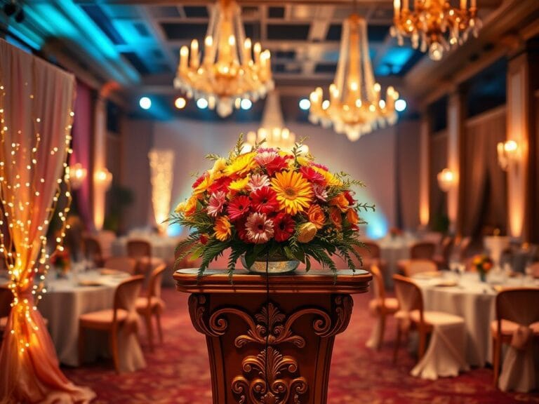 Flick International A beautifully decorated podium with vibrant flowers at a Hollywood event