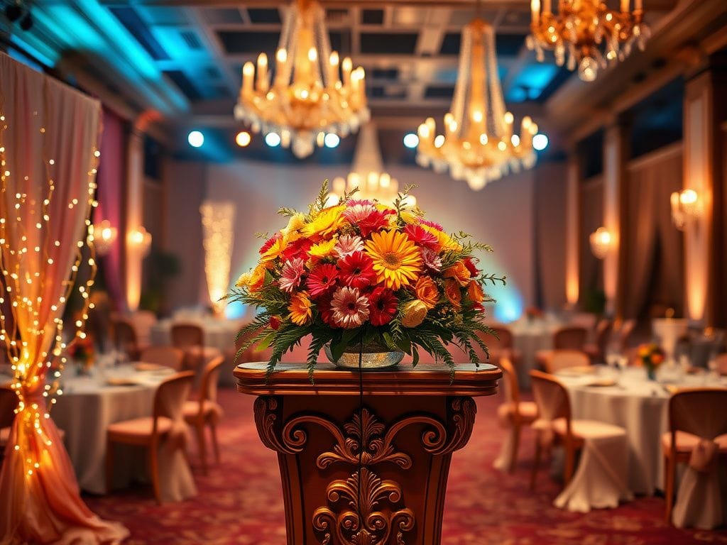 Flick International A beautifully decorated podium with vibrant flowers at a Hollywood event