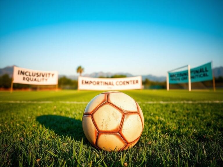 Flick International Close-up of a well-worn soccer ball on a vibrant soccer field surrounded by banners promoting inclusivity