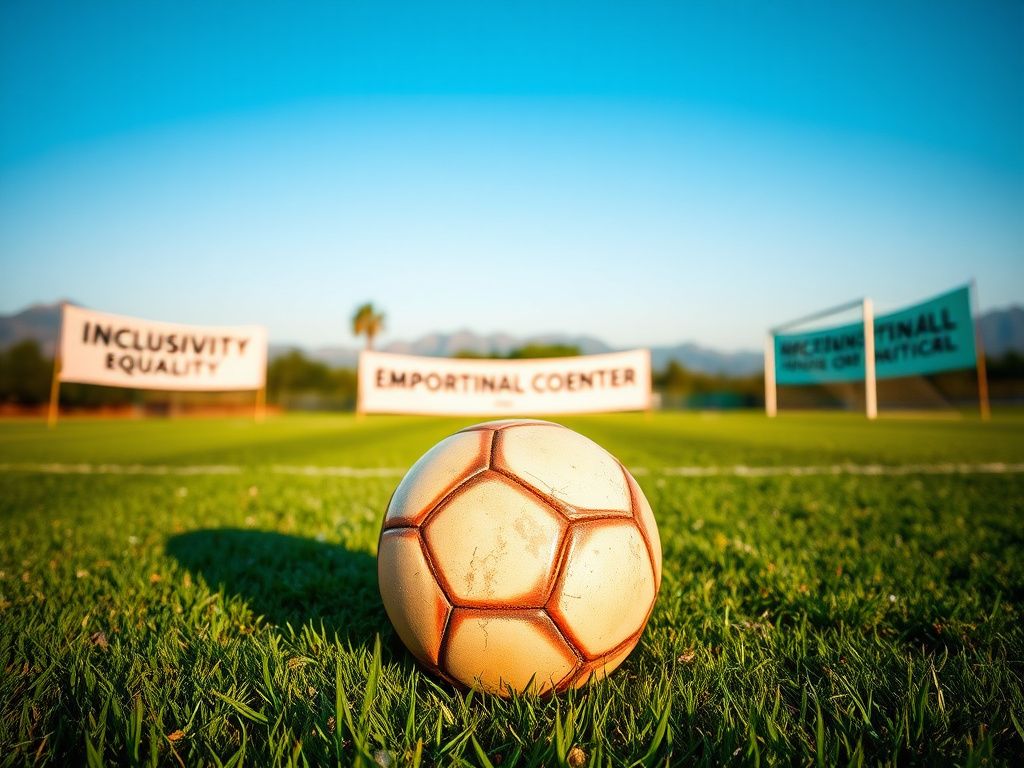 Flick International Close-up of a well-worn soccer ball on a vibrant soccer field surrounded by banners promoting inclusivity