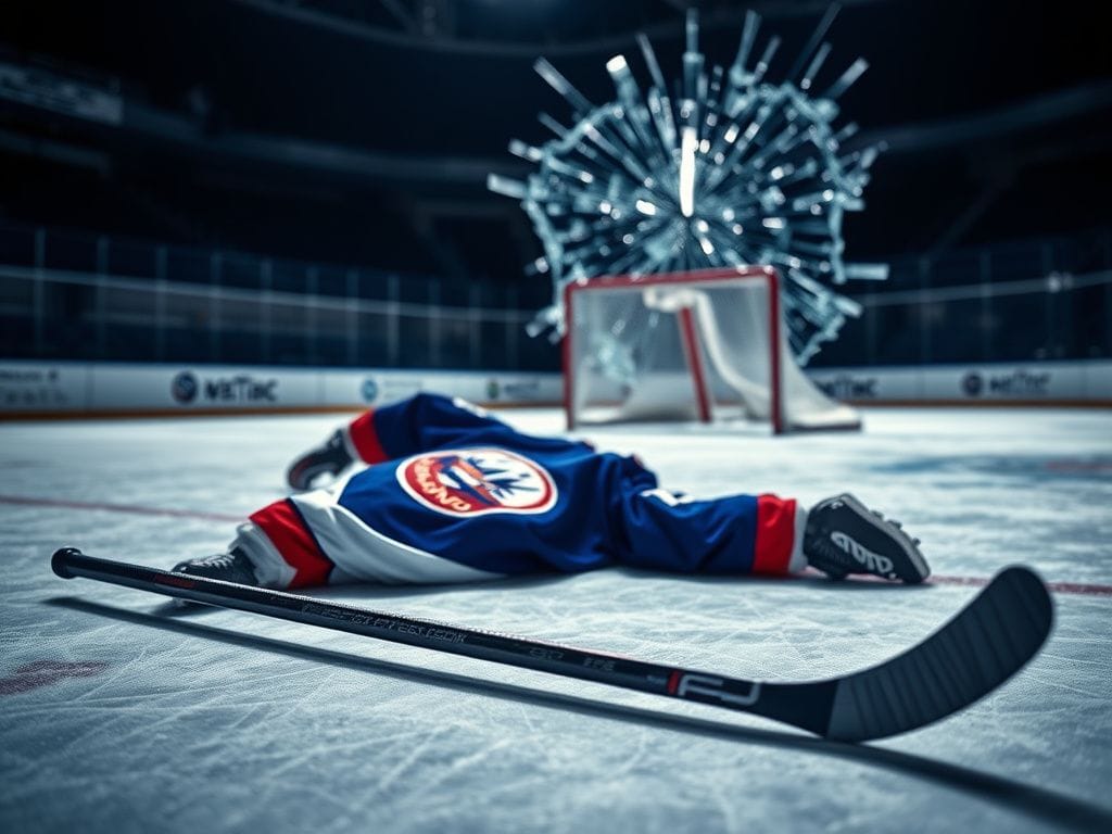 Flick International Abandoned hockey stick next to an Islanders jersey on the ice after a controversial boarding hit