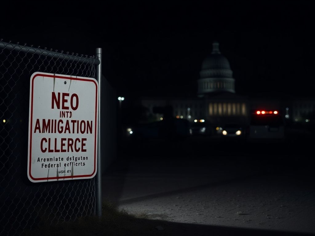 Flick International A dimly lit scene depicting a federal immigration enforcement area with a 'Do Not Enter' sign.