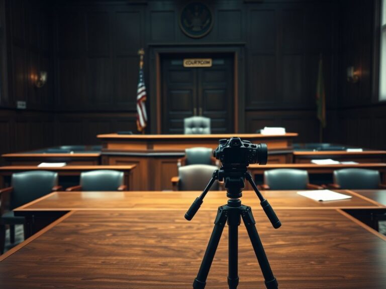 Flick International A solemn courtroom scene featuring an empty seat symbolizing the absence of the accused in Charlie Kirk's murder trial.