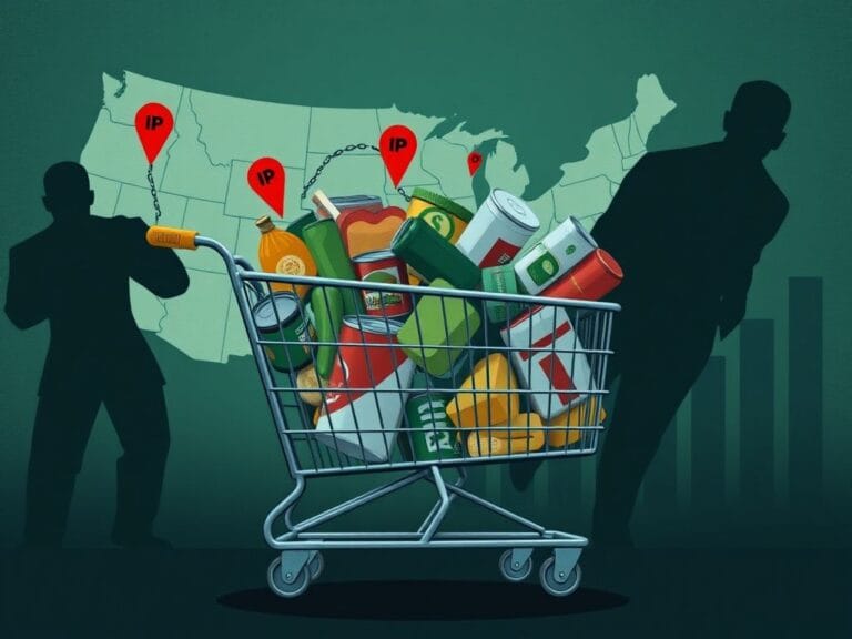Flick International An overflowing grocery cart filled with staple food items against a map of the United States, highlighting food stamp fraud.