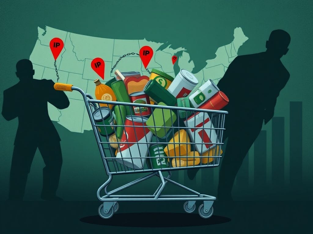 Flick International An overflowing grocery cart filled with staple food items against a map of the United States, highlighting food stamp fraud.