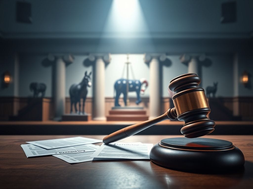 Flick International Conceptual image of a courtroom symbolizing justice with a gavel in the foreground and divided pillars representing political parties in the background.