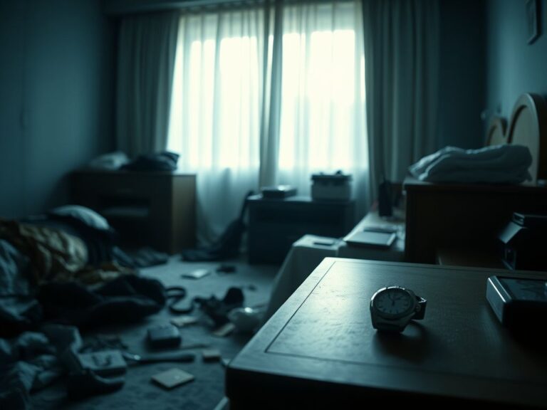 Flick International Dimly lit bedroom scene depicting a disheveled room after a robbery with personal belongings scattered.
