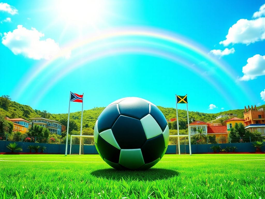 Flick International Vibrant soccer field in Curaçao with a large soccer ball and goalposts adorned with flags